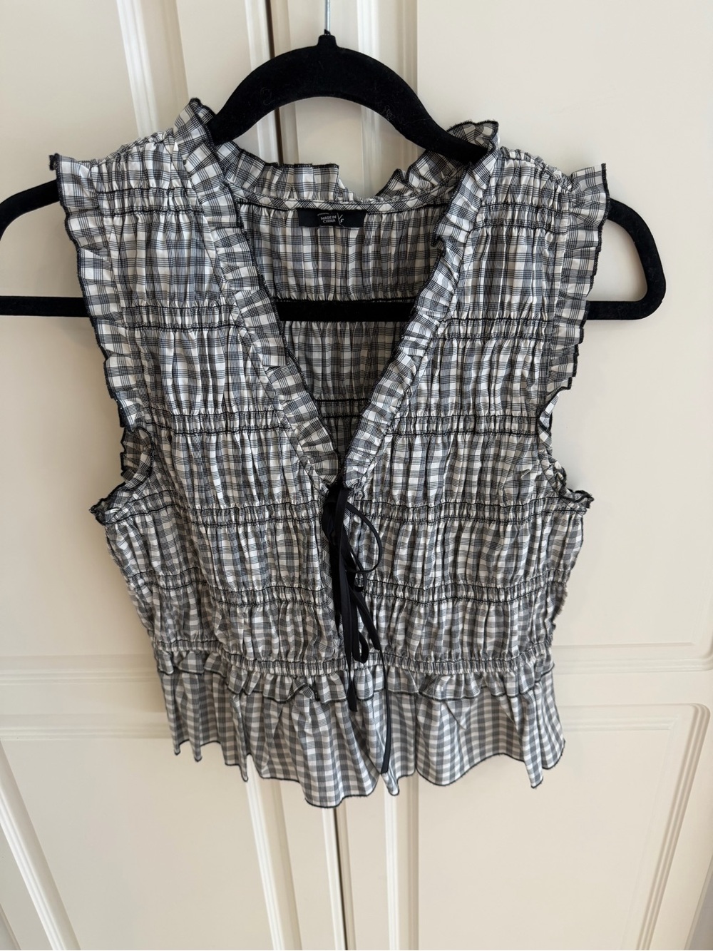Rails Smocked Gingham Sleeveless Tie-Front Top - Black & White